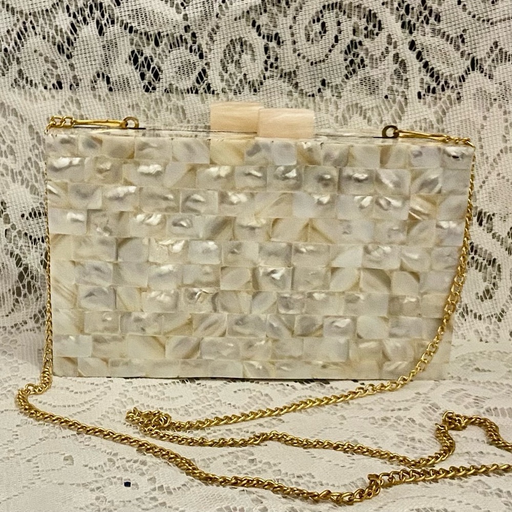 White Lucite- MOP Shards Clutch-Purse Crossbody